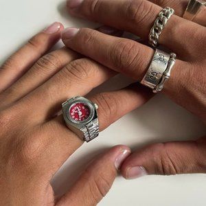 Y2K 2000s Vintage Retro Silver Tone Watch Ring with Round Face